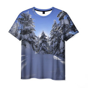 Мужская футболка 3D с принтом Зимний лес в Курске, 100% полиэфир | прямой крой, круглый вырез горловины, длина до линии бедер | времена года | ель | зима | леса | лучи света | природа | снег