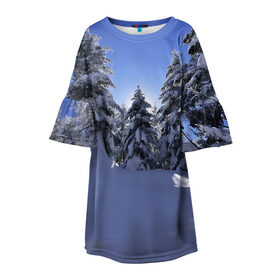 Детское платье 3D с принтом Зимний лес в Курске, 100% полиэстер | прямой силуэт, чуть расширенный к низу. Круглая горловина, на рукавах — воланы | Тематика изображения на принте: времена года | ель | зима | леса | лучи света | природа | снег