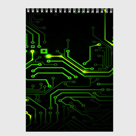 Скетчбук с принтом Tehnology в Курске, 100% бумага
 | 48 листов, плотность листов — 100 г/м2, плотность картонной обложки — 250 г/м2. Листы скреплены сверху удобной пружинной спиралью | зеленый | микросхема | черный