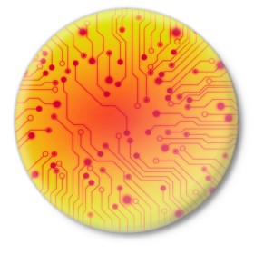 Значок с принтом Нано Технологии в Курске,  металл | круглая форма, металлическая застежка в виде булавки | желтый | кибер | микросхема | оранжевый