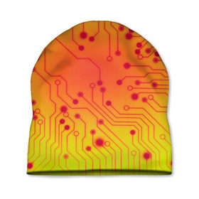 Шапка 3D с принтом Нано Технологии в Курске, 100% полиэстер | универсальный размер, печать по всей поверхности изделия | Тематика изображения на принте: желтый | кибер | микросхема | оранжевый