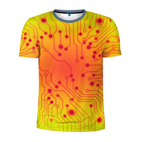 Мужская футболка 3D спортивная с принтом Нано Технологии в Курске, 100% полиэстер с улучшенными характеристиками | приталенный силуэт, круглая горловина, широкие плечи, сужается к линии бедра | желтый | кибер | микросхема | оранжевый