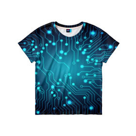Детская футболка 3D с принтом SkyNet в Курске, 100% гипоаллергенный полиэфир | прямой крой, круглый вырез горловины, длина до линии бедер, чуть спущенное плечо, ткань немного тянется | Тематика изображения на принте: бирюзовый | кибер | микросхема | яркий