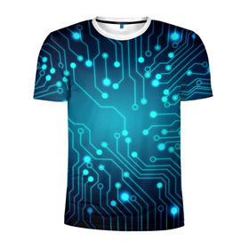 Мужская футболка 3D спортивная с принтом SkyNet в Курске, 100% полиэстер с улучшенными характеристиками | приталенный силуэт, круглая горловина, широкие плечи, сужается к линии бедра | бирюзовый | кибер | микросхема | яркий
