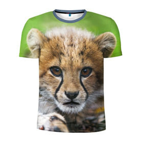 Мужская футболка 3D спортивная с принтом Котёнок гепарда в Курске, 100% полиэстер с улучшенными характеристиками | приталенный силуэт, круглая горловина, широкие плечи, сужается к линии бедра | Тематика изображения на принте: гепард | дикая кошка | котёнок | кошка | лев | природа | тигр | хищник | ягуар