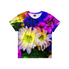 Детская футболка 3D с принтом Райские цветы в Курске, 100% гипоаллергенный полиэфир | прямой крой, круглый вырез горловины, длина до линии бедер, чуть спущенное плечо, ткань немного тянется | Тематика изображения на принте: color | колорит | лепестки | цвет | цветок | цветочки | цветы
