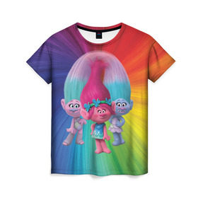 Женская футболка 3D с принтом Тролли в Курске, 100% полиэфир ( синтетическое хлопкоподобное полотно) | прямой крой, круглый вырез горловины, длина до линии бедер | princess poppy | troll poppy | troll satin and chenille | trolls | розочка | сатинка и синелька | тролли | цветан