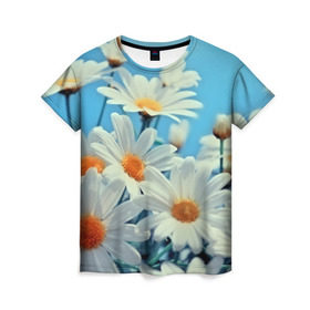 Женская футболка 3D с принтом Ромашки в Курске, 100% полиэфир ( синтетическое хлопкоподобное полотно) | прямой крой, круглый вырез горловины, длина до линии бедер | flower | цветы