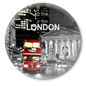 Значок с принтом Улицы Лондона в Курске,  металл | круглая форма, металлическая застежка в виде булавки | Тематика изображения на принте: bus | city | england | evening | lights | london | night | street | two storey | united kingdom | автобус | англия | великобритания | вечер | город | двухэтажный | лондон | ночь | огни | улица