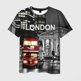 Мужская футболка 3D с принтом Улицы Лондона в Курске, 100% полиэфир | прямой крой, круглый вырез горловины, длина до линии бедер | bus | city | england | evening | lights | london | night | street | two storey | united kingdom | автобус | англия | великобритания | вечер | город | двухэтажный | лондон | ночь | огни | улица