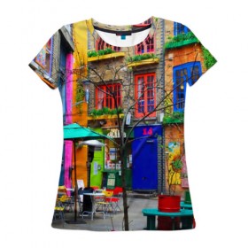 Женская футболка 3D с принтом Улицы Лондона в Курске, 100% полиэфир ( синтетическое хлопкоподобное полотно) | прямой крой, круглый вырез горловины, длина до линии бедер | bright | city | color | courtyard | england | london | paint | street | united kingdom | англия | великобритания | город | дворик | краски | лондон | улица | цвет | яркие