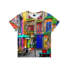 Детская футболка 3D с принтом Улицы Лондона в Курске, 100% гипоаллергенный полиэфир | прямой крой, круглый вырез горловины, длина до линии бедер, чуть спущенное плечо, ткань немного тянется | Тематика изображения на принте: bright | city | color | courtyard | england | london | paint | street | united kingdom | англия | великобритания | город | дворик | краски | лондон | улица | цвет | яркие