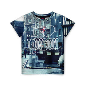 Детская футболка 3D с принтом Улицы Лондона в Курске, 100% гипоаллергенный полиэфир | прямой крой, круглый вырез горловины, длина до линии бедер, чуть спущенное плечо, ткань немного тянется | city | england | flag | heart | i | london | love | street | united kingdom | англия | великобритания | город | лондон | люблю | сердце | улица | флаг | я