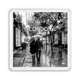 Магнит 55*55 с принтом Улицы Лондона в Курске, Пластик | Размер: 65*65 мм; Размер печати: 55*55 мм | Тематика изображения на принте: англия | бульвар | великобритания | влюбленные | дождь | зонтик | лондон | улица