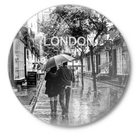 Значок с принтом Улицы Лондона в Курске,  металл | круглая форма, металлическая застежка в виде булавки | Тематика изображения на принте: англия | бульвар | великобритания | влюбленные | дождь | зонтик | лондон | улица