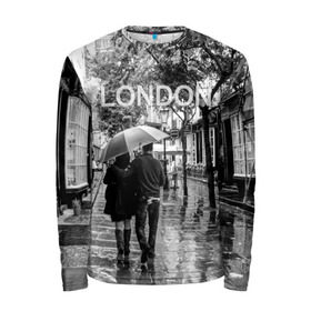 Мужской лонгслив 3D с принтом Улицы Лондона в Курске, 100% полиэстер | длинные рукава, круглый вырез горловины, полуприлегающий силуэт | англия | бульвар | великобритания | влюбленные | дождь | зонтик | лондон | улица