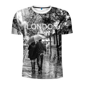 Мужская футболка 3D спортивная с принтом Улицы Лондона в Курске, 100% полиэстер с улучшенными характеристиками | приталенный силуэт, круглая горловина, широкие плечи, сужается к линии бедра | англия | бульвар | великобритания | влюбленные | дождь | зонтик | лондон | улица