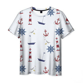 Мужская футболка 3D с принтом Речник в Курске, 100% полиэфир | прямой крой, круглый вырез горловины, длина до линии бедер | вода | маяк | море | флот | якорь
