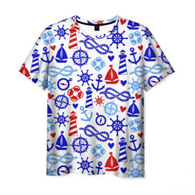 Мужская футболка 3D с принтом Речник в Курске, 100% полиэфир | прямой крой, круглый вырез горловины, длина до линии бедер | вода | канат | компас | круг | маяк | море | парус | спасатель | узел | якорь