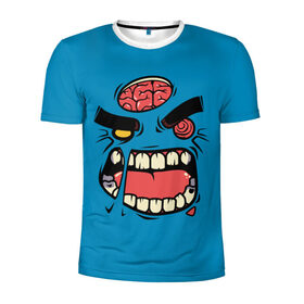Мужская футболка 3D спортивная с принтом Angry Zombie в Курске, 100% полиэстер с улучшенными характеристиками | приталенный силуэт, круглая горловина, широкие плечи, сужается к линии бедра | brain | evil | face | halloween | monster | smile | zombie | зомби | лицо | мозг | монстр | нечисть | смайл | хэллоуин