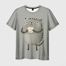 Мужская футболка 3D с принтом Cat Love Kill в Курске, 100% полиэфир | прямой крой, круглый вырез горловины, длина до линии бедер | animal | beast | cat | feline | kill | kitty | love | meow | взгляд | животное | зверь | кот | котенок | котик | кофе | кошка | любовь | мяу | чай