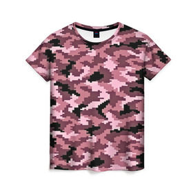Женская футболка 3D с принтом Розовый камуфляж в Курске, 100% полиэфир ( синтетическое хлопкоподобное полотно) | прямой крой, круглый вырез горловины, длина до линии бедер | пиксельный