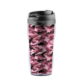 Термокружка-непроливайка с принтом Розовый камуфляж в Курске, внутренняя часть — пищевой пластик, наружная часть — прозрачный пластик, между ними — полиграфическая вставка с рисунком | объем — 350 мл, герметичная крышка | пиксельный