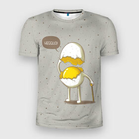 Мужская футболка 3D спортивная с принтом Яйцо приветствует в Курске, 100% полиэстер с улучшенными характеристиками | приталенный силуэт, круглая горловина, широкие плечи, сужается к линии бедра | Тематика изображения на принте: cook | eat | egg | food | funny | hello | smile | еда | кухня | повар | привет | прикол | смайл | улыбка | яйцо