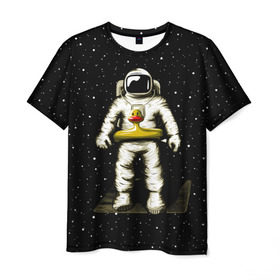 Мужская футболка 3D с принтом Космонавт с уточкой в Курске, 100% полиэфир | прямой крой, круглый вырез горловины, длина до линии бедер | астронавт | ванна | галактика | звезды | космонавт | планета | утка | уточка