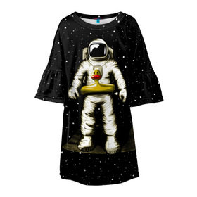 Детское платье 3D с принтом Космонавт с уточкой в Курске, 100% полиэстер | прямой силуэт, чуть расширенный к низу. Круглая горловина, на рукавах — воланы | Тематика изображения на принте: астронавт | ванна | галактика | звезды | космонавт | планета | утка | уточка