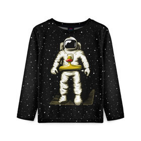 Детский лонгслив 3D с принтом Космонавт с уточкой в Курске, 100% полиэстер | длинные рукава, круглый вырез горловины, полуприлегающий силуэт
 | астронавт | ванна | галактика | звезды | космонавт | планета | утка | уточка