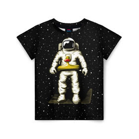 Детская футболка 3D с принтом Космонавт с уточкой в Курске, 100% гипоаллергенный полиэфир | прямой крой, круглый вырез горловины, длина до линии бедер, чуть спущенное плечо, ткань немного тянется | Тематика изображения на принте: астронавт | ванна | галактика | звезды | космонавт | планета | утка | уточка