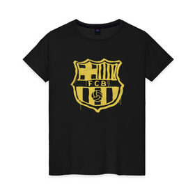 Женская футболка хлопок с принтом FC Barcelona - Yellow Paint (Оригинальный стиль,рисунок краской) в Курске, 100% хлопок | прямой крой, круглый вырез горловины, длина до линии бедер, слегка спущенное плечо | barca | barcelona | fcb | барселона | футбол