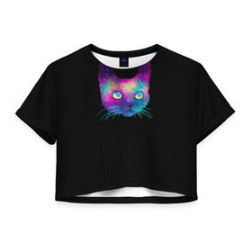 Женская футболка 3D укороченная с принтом Космокот в Курске, 100% полиэстер | круглая горловина, длина футболки до линии талии, рукава с отворотами | космос | кот | кошка