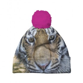 Шапка 3D c помпоном с принтом Тигр в Курске, 100% полиэстер | универсальный размер, печать по всей поверхности изделия | животные | кошка | лев | тигр | тигренок | тигрица | хищник