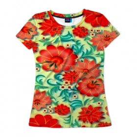 Женская футболка 3D с принтом Весенние цветочки в Курске, 100% полиэфир ( синтетическое хлопкоподобное полотно) | прямой крой, круглый вырез горловины, длина до линии бедер | паттерн | яркий