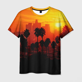Мужская футболка 3D с принтом California в Курске, 100% полиэфир | прямой крой, круглый вырез горловины, длина до линии бедер | Тематика изображения на принте: 3dc | borough | city | downtown | town | городок | красота | пальмы | пейзаж | район | сити | страны | центр