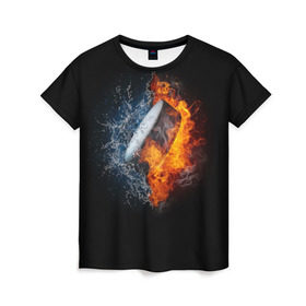 Женская футболка 3D с принтом Шайба - огонь и вода в Курске, 100% полиэфир ( синтетическое хлопкоподобное полотно) | прямой крой, круглый вырез горловины, длина до линии бедер | Тематика изображения на принте: вода | лед | огонь | пламя | россия | спорт | хоккей | шайба