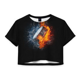 Женская футболка 3D укороченная с принтом Шайба - огонь и вода в Курске, 100% полиэстер | круглая горловина, длина футболки до линии талии, рукава с отворотами | вода | лед | огонь | пламя | россия | спорт | хоккей | шайба