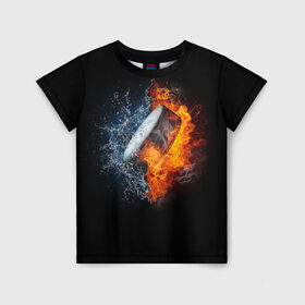 Детская футболка 3D с принтом Шайба - огонь и вода в Курске, 100% гипоаллергенный полиэфир | прямой крой, круглый вырез горловины, длина до линии бедер, чуть спущенное плечо, ткань немного тянется | Тематика изображения на принте: вода | лед | огонь | пламя | россия | спорт | хоккей | шайба