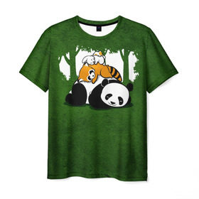 Мужская футболка 3D с принтом Милая панда в Курске, 100% полиэфир | прямой крой, круглый вырез горловины, длина до линии бедер | Тематика изображения на принте: большая | джунгли | енот | зайка | милая | панда | пушистая