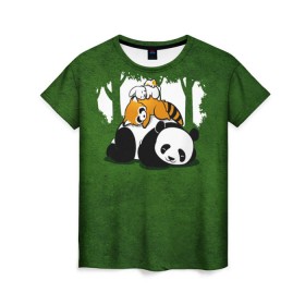 Женская футболка 3D с принтом Милая панда в Курске, 100% полиэфир ( синтетическое хлопкоподобное полотно) | прямой крой, круглый вырез горловины, длина до линии бедер | большая | джунгли | енот | зайка | милая | панда | пушистая