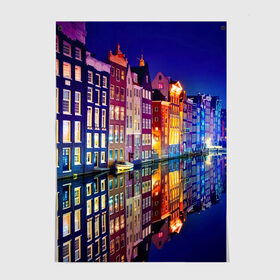 Постер с принтом Амстердама, Нидерланды в Курске, 100% бумага
 | бумага, плотность 150 мг. Матовая, но за счет высокого коэффициента гладкости имеет небольшой блеск и дает на свету блики, но в отличии от глянцевой бумаги не покрыта лаком | amsterdam | boat | bright | color | lights | night | pier | rainbow | reflection | the city | the netherlands | the strait | water | амстердама | вода | город | лодка | нидерланды | ночь | огни | отражение | причал | пролив | радуга | цвет | яркий