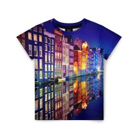 Детская футболка 3D с принтом Амстердама, Нидерланды в Курске, 100% гипоаллергенный полиэфир | прямой крой, круглый вырез горловины, длина до линии бедер, чуть спущенное плечо, ткань немного тянется | amsterdam | boat | bright | color | lights | night | pier | rainbow | reflection | the city | the netherlands | the strait | water | амстердама | вода | город | лодка | нидерланды | ночь | огни | отражение | причал | пролив | радуга | цвет | яркий