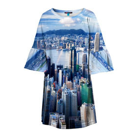 Детское платье 3D с принтом Гонконг, Китай в Курске, 100% полиэстер | прямой силуэт, чуть расширенный к низу. Круглая горловина, на рукавах — воланы | architecture | boats | china | city | hong kong | houses | mountains | sea | sky | skyscrapers | water | архитектура | вода | гонконг | город | горы | дома | китай | корабли | море | небо