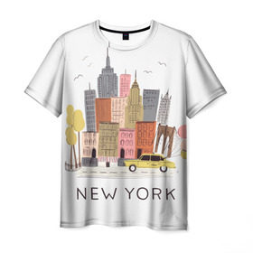 Мужская футболка 3D с принтом Нью-Йорк в Курске, 100% полиэфир | прямой крой, круглый вырез горловины, длина до линии бедер | Тематика изображения на принте: new york | воздушные шары | город | деревья | рисунок | такси