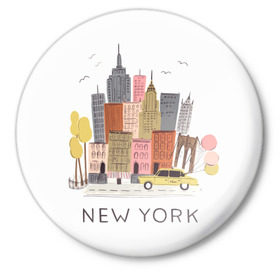 Значок с принтом Нью-Йорк в Курске,  металл | круглая форма, металлическая застежка в виде булавки | Тематика изображения на принте: new york | воздушные шары | город | деревья | рисунок | такси