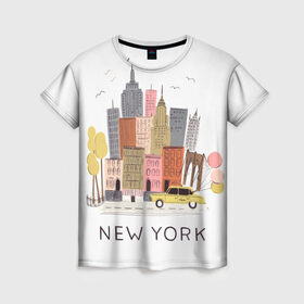 Женская футболка 3D с принтом Нью-Йорк в Курске, 100% полиэфир ( синтетическое хлопкоподобное полотно) | прямой крой, круглый вырез горловины, длина до линии бедер | new york | воздушные шары | город | деревья | рисунок | такси