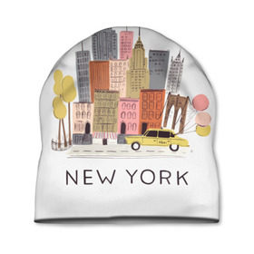 Шапка 3D с принтом Нью-Йорк в Курске, 100% полиэстер | универсальный размер, печать по всей поверхности изделия | new york | воздушные шары | город | деревья | рисунок | такси