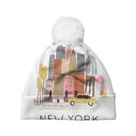 Шапка 3D c помпоном с принтом Нью-Йорк в Курске, 100% полиэстер | универсальный размер, печать по всей поверхности изделия | Тематика изображения на принте: new york | воздушные шары | город | деревья | рисунок | такси